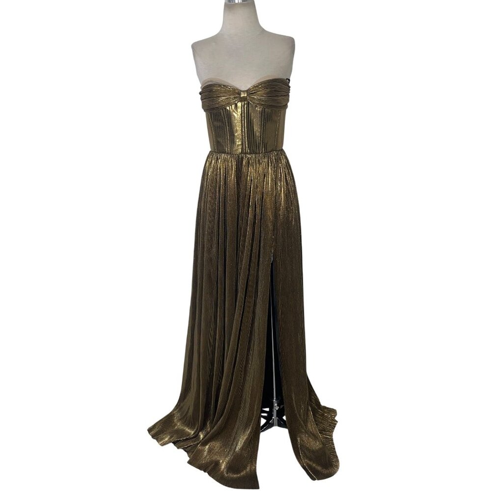 Bronx and Banco Metallic Gold Strapless Pleated Gown - Picture 4 of 16